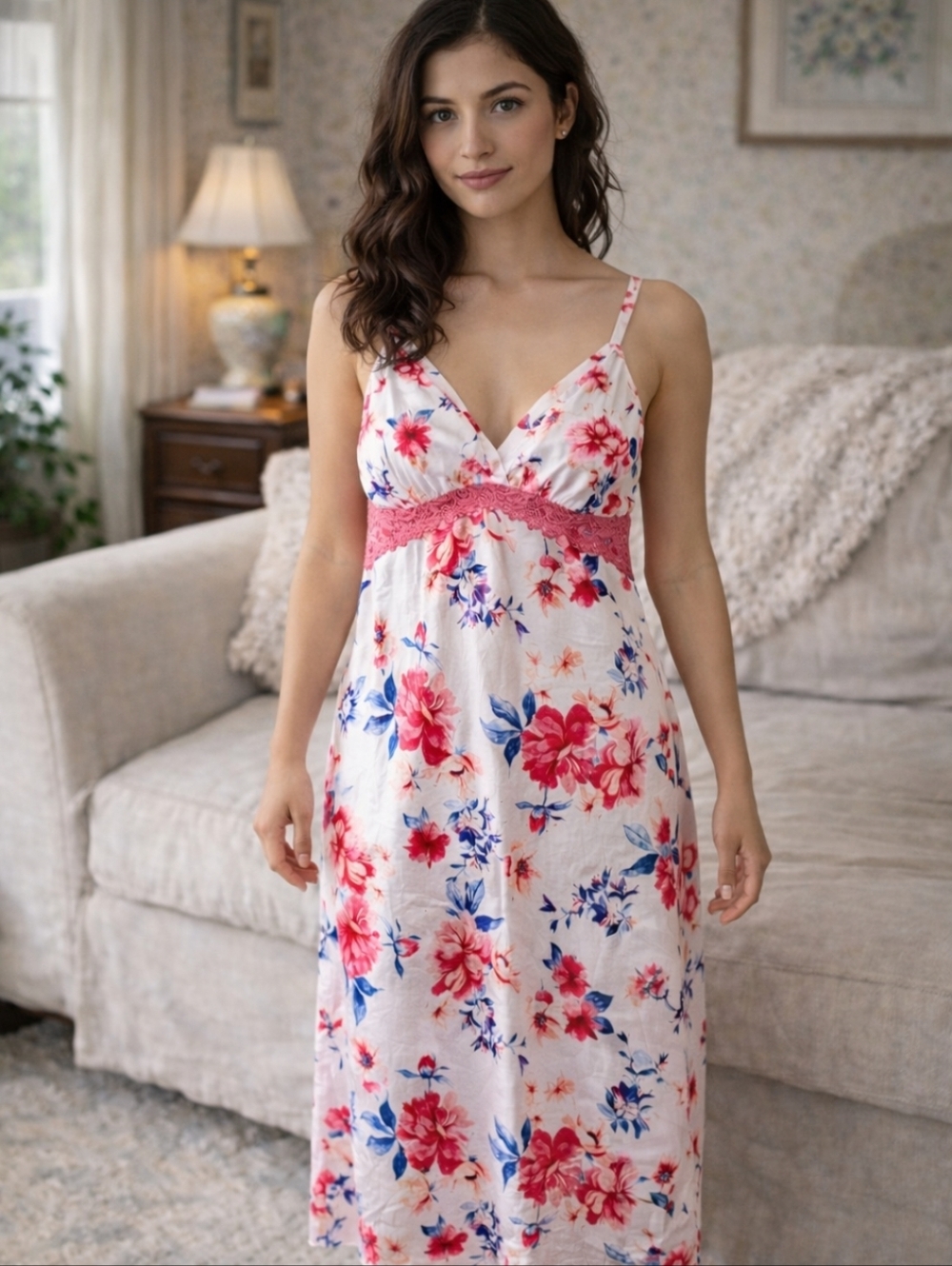 Thalia Sodi Vintage Satin Floral Slip Dress Lace Trim